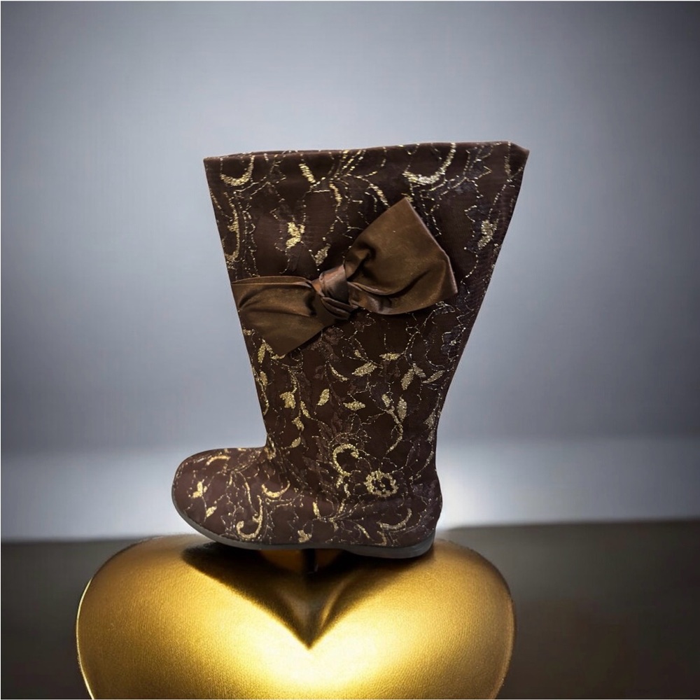 Joan Boyce Brown Boots w/Gold Embroidered Design & Brown Satin Bow Sz-9.5 W NWOB - Picture 15 of 16